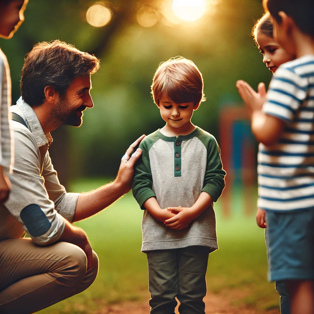 Child shyly interacting with a group, supported by an encouraging adult