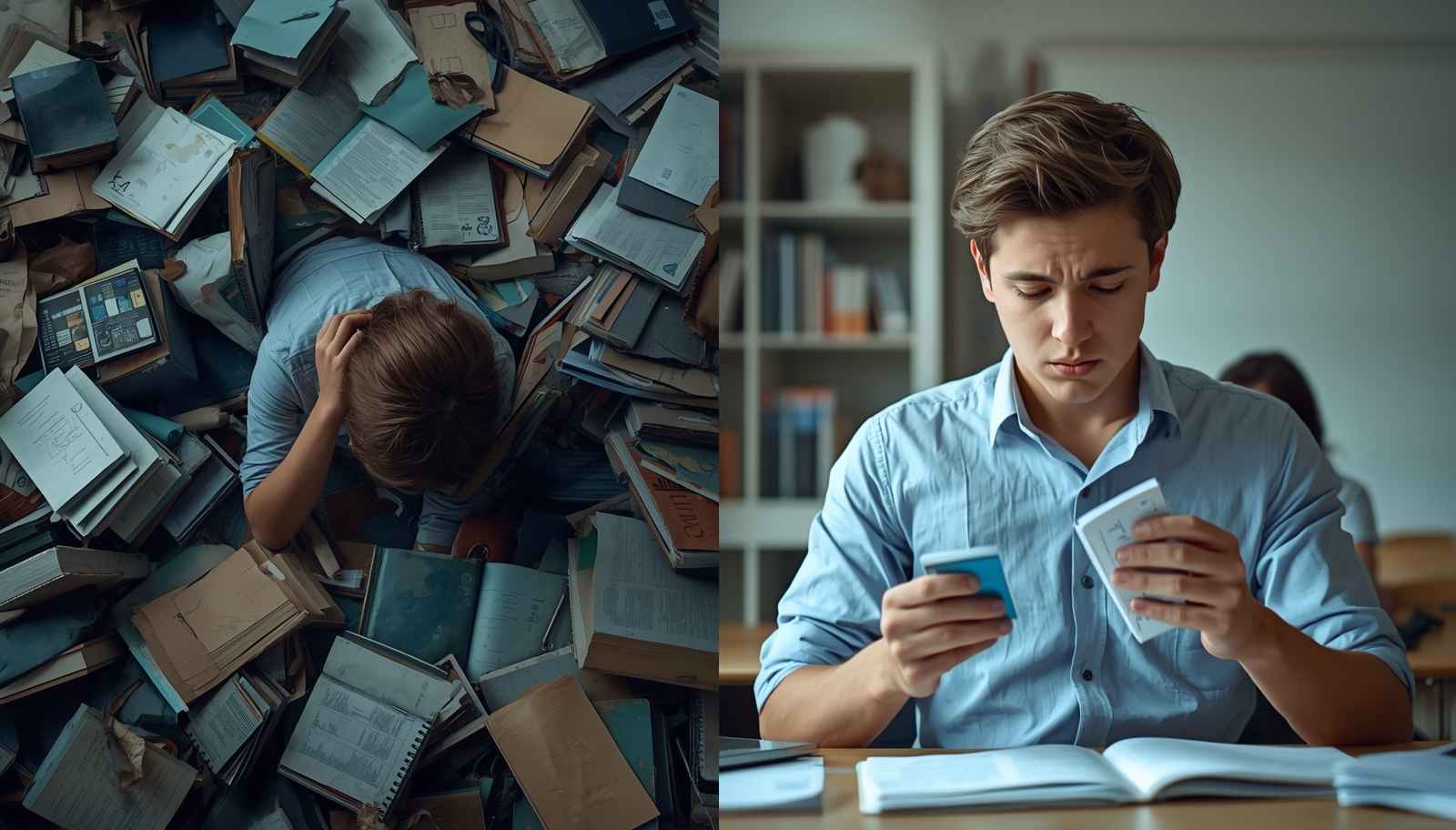 boy studying with flashcards and the pomodoro technique